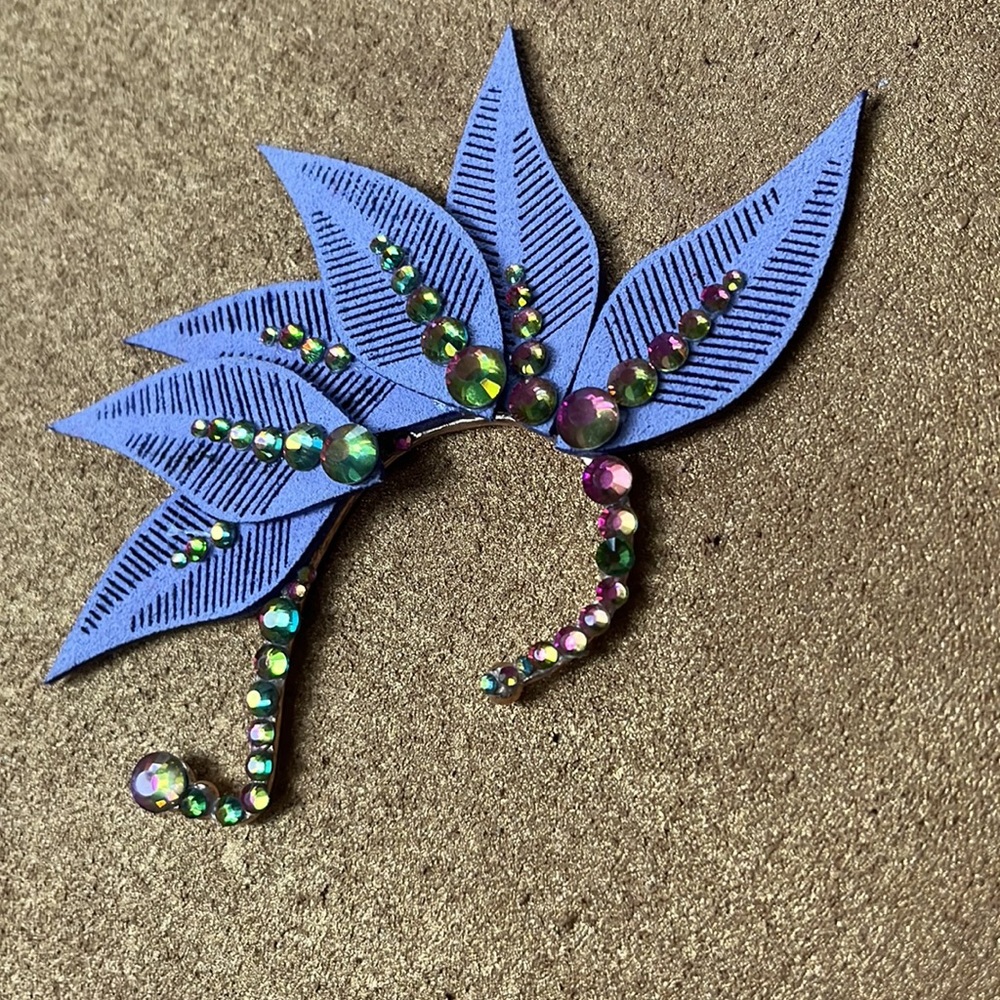 Purple faux feather leaf ear cuff ear wire wrap, pink rhinestones